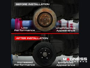 Alfa Romeo Stelvio Brake Kit - 2.0L - Front - R1 Concepts - Optimum OEp Brake Pads - eLINE Black Drilled + Slotted Rotors